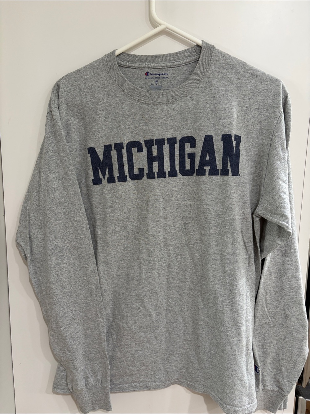 Champion Gray Long-Sleeve Tee with Navy Michigan Print